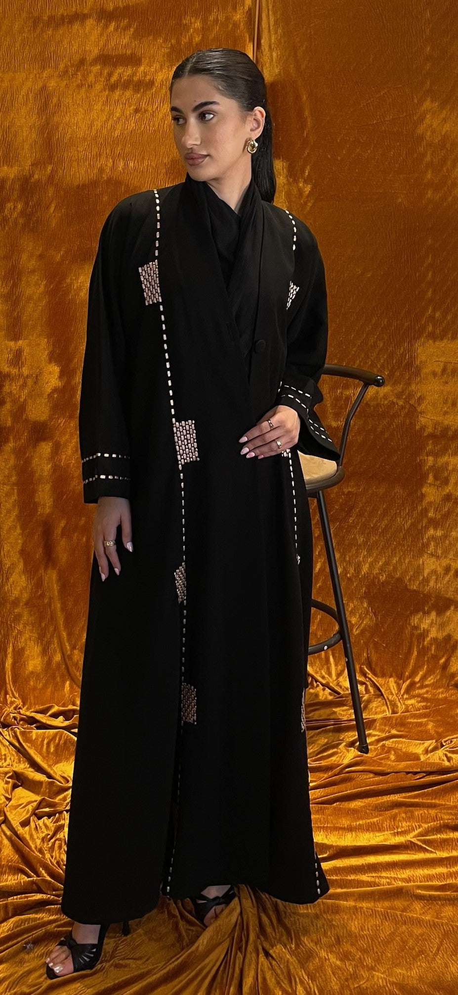 Light Gold Embroidered Black Abaya