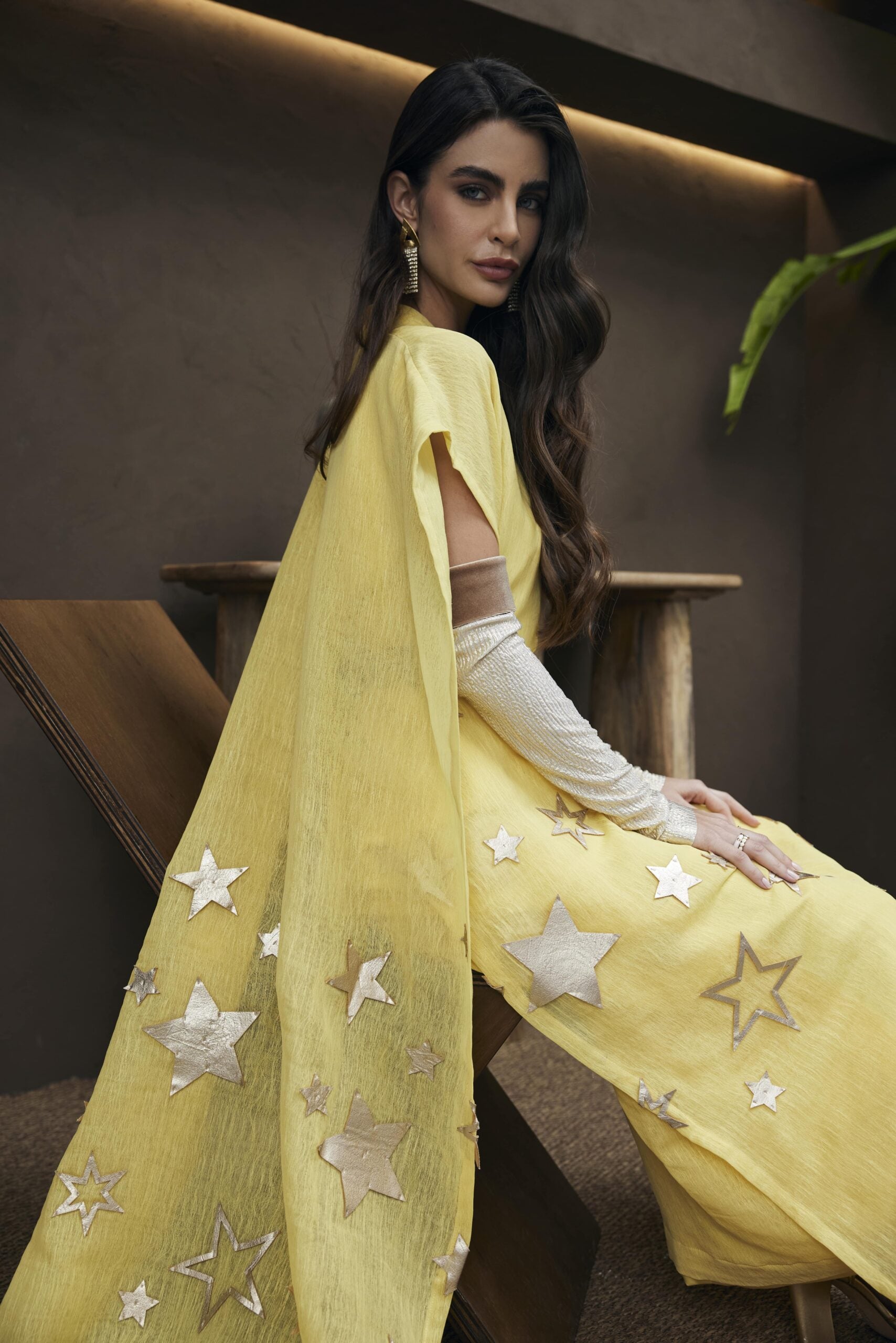 Organza yellow cape with leather stars and gloves